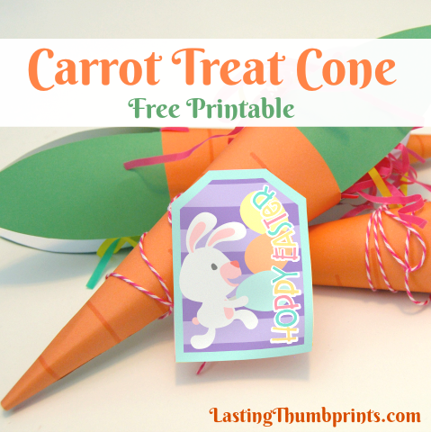 Grab this Free Carrot Treat Cone Printable at Lasting Thumbprints! Perfect for Easter baskets, class parties, and more!
