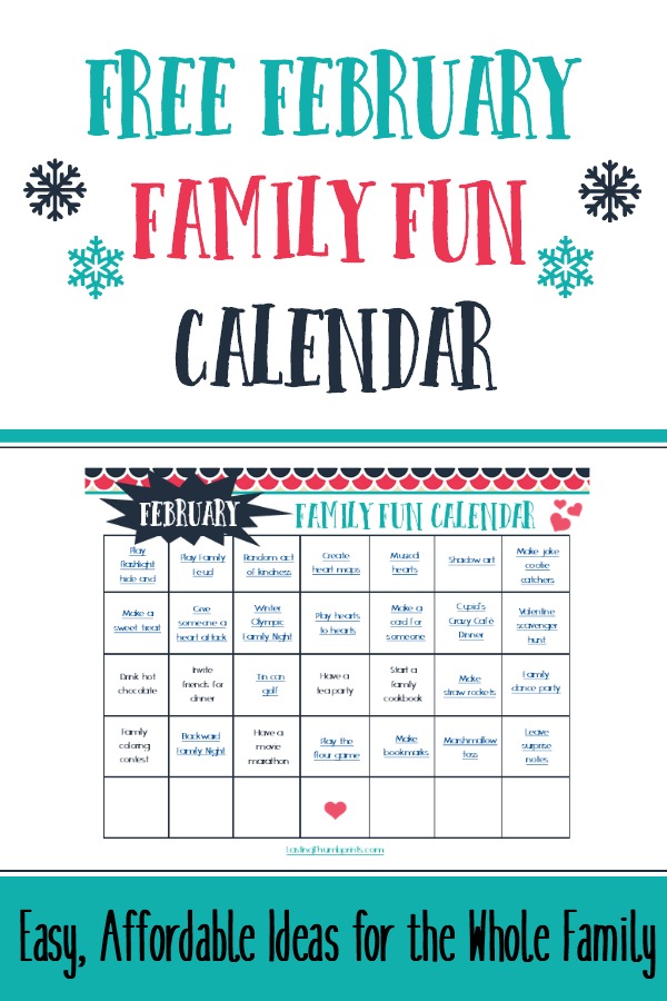Download this Free February Family FUn Calendar and start making memories with your family! The calendar is full of easy and affordable ideas to keep your family having fun and building stronger relationships.